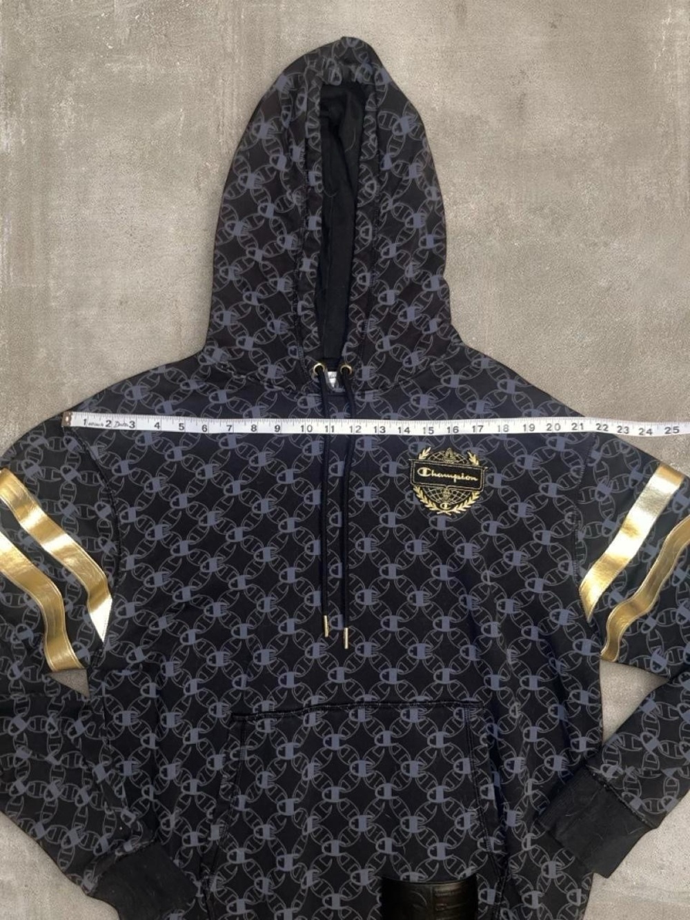 Champion Classic Fleece Black Gold All Over Logo Hoodie Men’s Medium - Picture 3 of 6